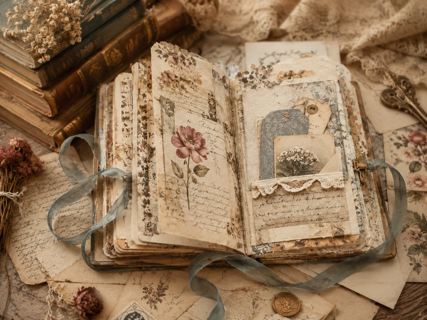 Handmade custom diary surrounded by floral stationery, old books, ribbons, dried flowers, and lace.