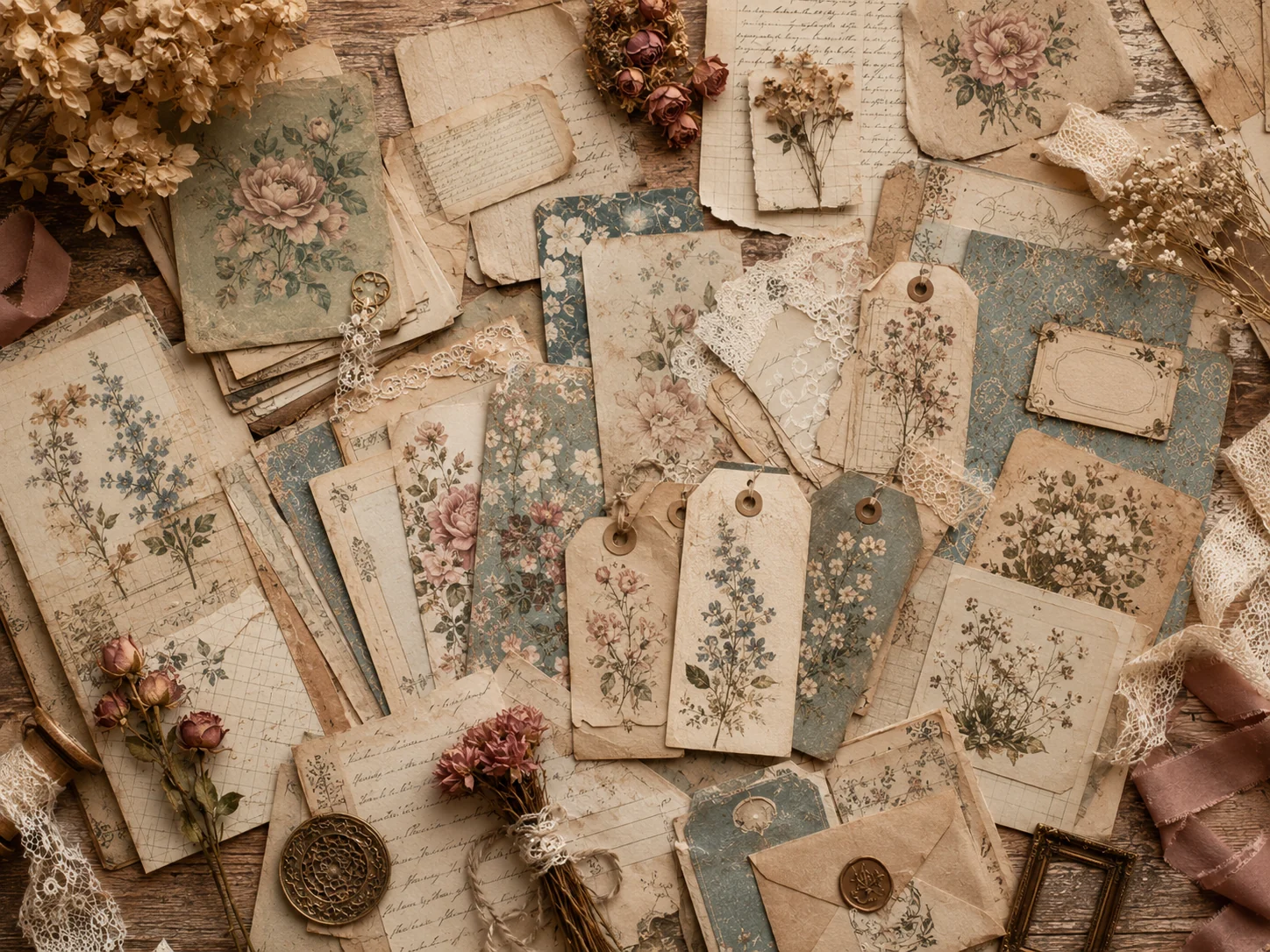 Flat lay of floral junk journal papers, vintage tags, lace, labels, envelopes, and botanical ephemera.